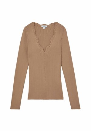 Rudas riboto audinio ilgarankovė palaidinė su banguotu V formos iškirpte ir nėrinių detalėmis palei kaklą bei sagų juostelę. Lygus audinio paviršius.