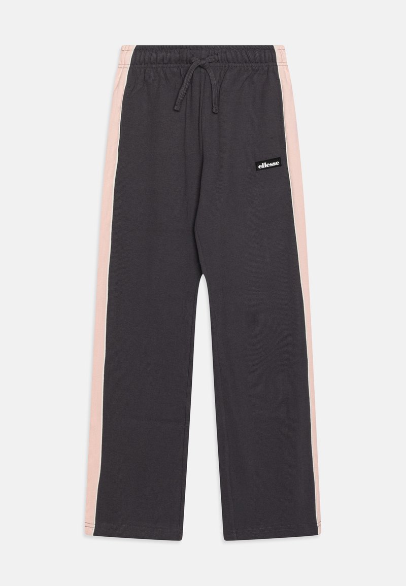 Calças de treino cinza-escuras com uma faixa lateral rosa, cintura elástica, cordão para ajuste e um pequeno logótipo preto na frente.