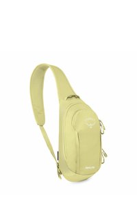 Zaino a marsupio compatto di colore verde oliva chiaro, con tracolla regolabile imbottita, due scomparti con zip e marchio "Osprey Daylite".