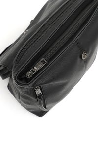 Black leather bag with textured surface, featuring a top zipper and side pocket. Sleek design with metal hardware accents.