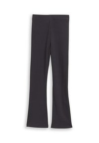 Pantalons noirs évasés en tissu stretch, avec une texture lisse et une taille haute. Aucun motif ni embellissement visibles.