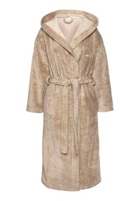 Beige plyschbadrock med huva, långa �ärmar och knymband. Har en mjuk textur och ett lätt strukturerat mönster över hela.