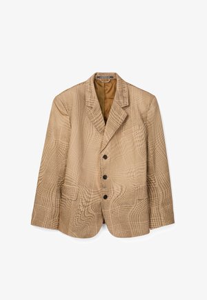 Blazer beige à carreaux avec col cranté, trois boutons noirs, deux poches à rabat à l'avant, et une doublure intérieure marron.