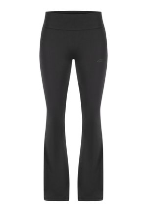 Czarne legginsy do ćwiczeń z szerokim pasem, rozszerzanym fasonem, gładką teksturą i małym logo po lewej stronie.