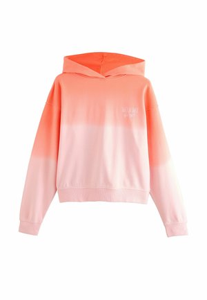 Sudadera con un degradado de coral y rosa, con un bolsillo canguro, puños y dobladillo acanalados. Presenta el texto "MIAMI" en el pecho en blanco. Textura de tela suave.