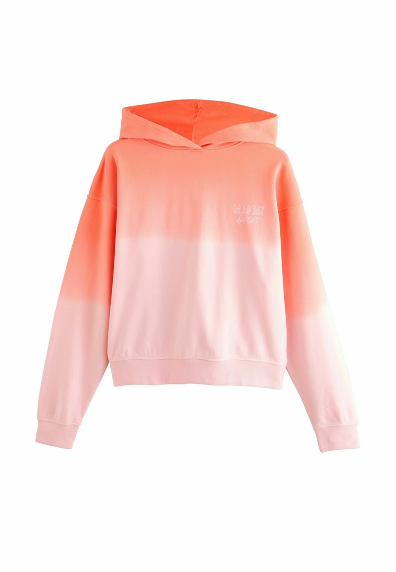 Sudadera con un degradado de coral y rosa, con un bolsillo canguro, puños y dobladillo acanalados. Presenta el texto "MIAMI" en el pecho en blanco. Textura de tela suave.