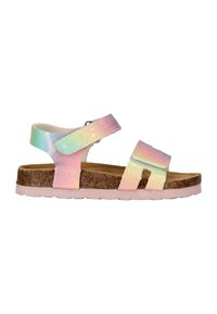 Børnesandal med åben tå med korksål og justerbare pastelfarvede regnbuestrimler med glimmer samt pink gummiydersål.