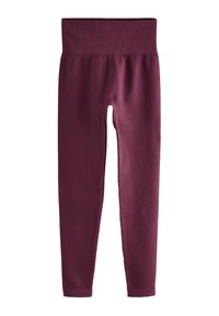 Bordo rebraste tajice s širokim elastičnim pojasom. Tkanina ima mekanu teksturu i uski dizajn s suženim nogavicama.