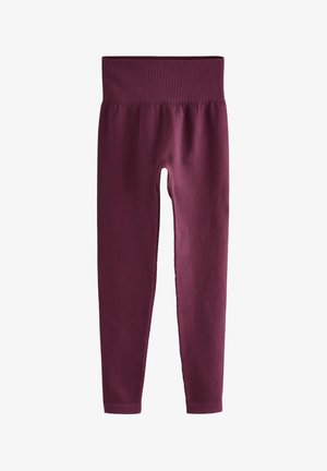 Maroon ribbed leggings with a wide elastic waistband. The fabric has a soft texture and fitted design with tapered legs.