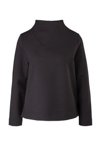 Chemise noire à manches longues avec un col haut et ample et un ourlet droit, vue de face sur un fond blanc uni.