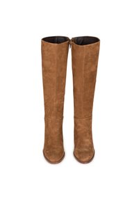 Bottes en daim marron jusqu'au genou, avec une texture lisse, une coupe ajustée, un bout arrondi et un détail de fermeture éclair sur le côté.