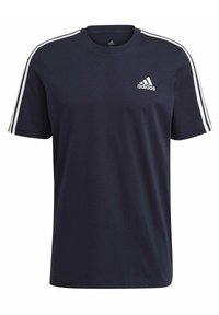 T-shirt Adidas bleu marine à manches courtes avec des rayures blanches sur les manches et un logo Adidas blanc sur le côté gauche de la poitrine.