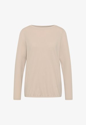 Beige langwerpig overhemd met ronde hals en geplooide zoom, weergegeven op een witte achtergrond.