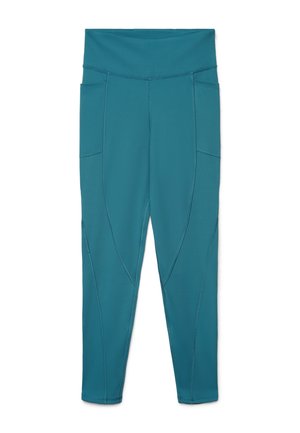 Türkisfarbene, hoch taillierte Sportleggings mit Seitentaschen und sichtbaren Nahtdetails, entworfen für aktive Nutzung und Komfort.