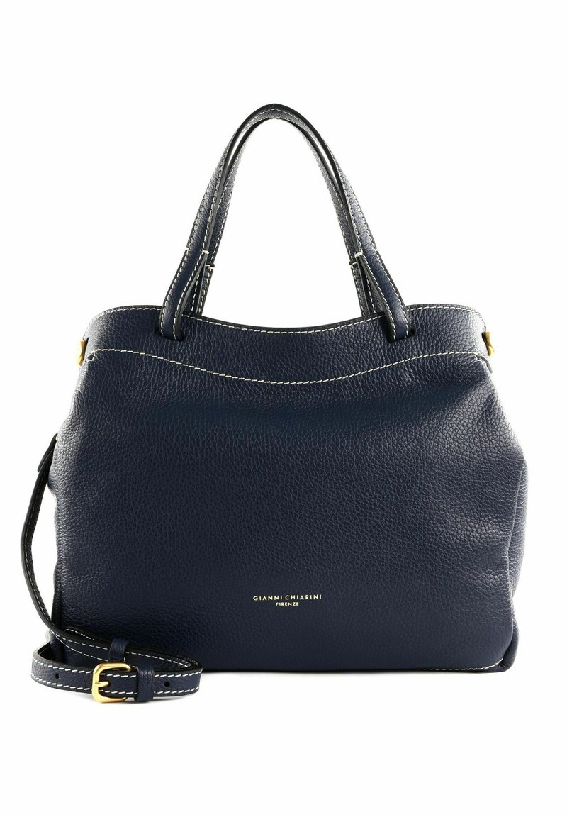 Borsa a tracolla in pelle blu navy con finitura testurizzata, doppi manici, tracolla removibile, dettagli in hardware dorato e cuciture bianche.