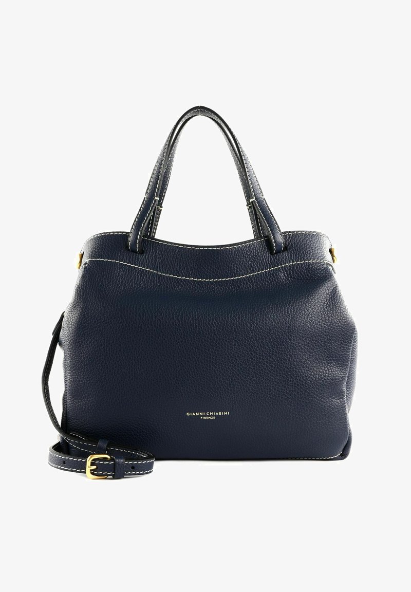 Borsa a tracolla in pelle blu navy con finitura testurizzata, doppi manici, tracolla removibile, dettagli in hardware dorato e cuciture bianche.
