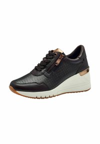 Black perforated leather sneaker with lace closure, bronze accents, zip detail on side, and a white wedge sole. Textured finish.