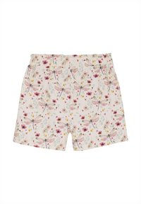Blomsterprintede shorts med hvid baggrund. Har pink libeller og små blomster. Elastisk talje for komfort. Blød stoftekstur.