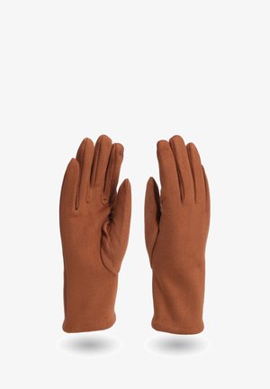 Un paio di guanti in suede marrone mostrati sul palmo e sul dorso, isolati su sfondo bianco.