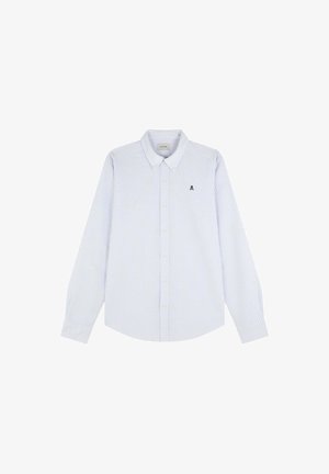 Cămașă cu mânecă lungă în dungi albastre și albe, cu guler cu nasturi, având un logo brodat cu un cran pe pieptul stâng. Fabricată din bumbac.