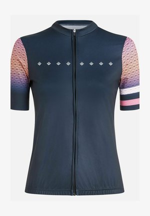 Korte mouwen fietsjersey in donker marineblauw, met geometrische patronen in pastelkleuren op de mouwen, een ritssluiting aan de voorkant en reflecterende accenten.