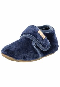 Chausson doux bleu marine pour tout-petit avec bride velcro réglable et semelle beige, doté d'un tissu pelucheux pour le confort et la chaleur.