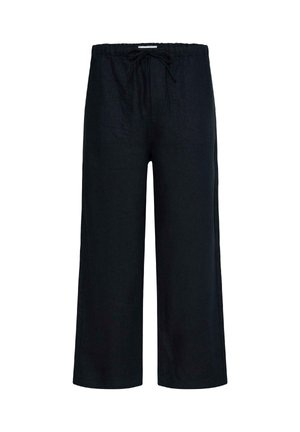 Zwarte losse, wijde broek met elastische tailleband en verstelbare koordsluiting aan de voorkant, geschikt voor casual draagmomenten.