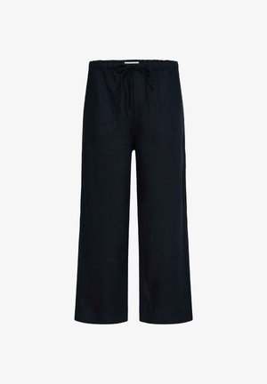 Zwarte losse, wijde broek met elastische tailleband en verstelbare koordsluiting aan de voorkant, geschikt voor casual draagmomenten.