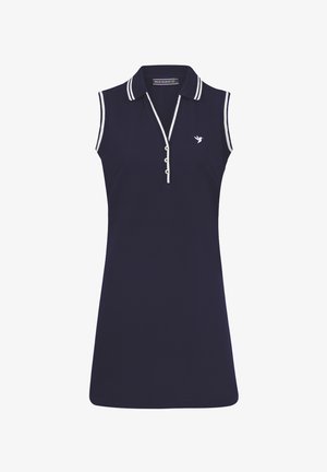 Marineblaues ärmelloses Polokleid mit Kragen, weißen Streifenakzenten, Knöpfen entlang der Vorderseite und einem kleinen Vogel-Logo auf der Brust.