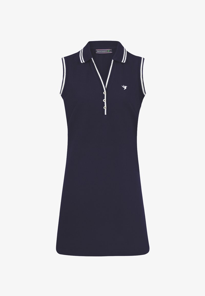 Námořnické bezrukávové polo šaty s límečkem, bílými pruhy, knoflíky na přední straně a malým logem ptáka na hrudi.