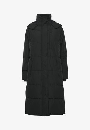 Langer schwarzer Daunenmantel mit hohem Kragen, Reißverschluss vorn, seitlichen Taschen und gestepptem Quiltmuster. Hergestellt aus einem robusten, wetterfesten Material.