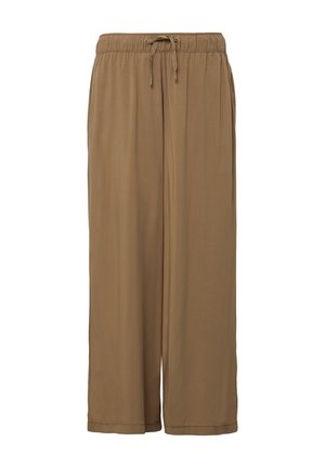 Bruine, losse broek met een elastische taille en verstelbaar trekkoord. Gemaakt van zachte stof, met een rechte pijp en zonder zakken.