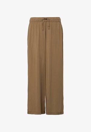 Bruine, losse broek met een elastische taille en verstelbaar trekkoord. Gemaakt van zachte stof, met een rechte pijp en zonder zakken.
