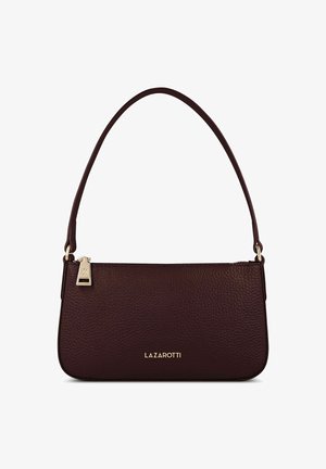 Burgunderfarbene Lederhandtasche mit glatter Textur, schlankem Design und einem Einzelgriff. Verfügt über ein Logo-Detail und einen Reißverschluss.