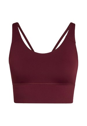 Bordowy biustonosz sportowy z cienkimi, krzyżującymi się ramiączkami, gładkim, elastycznym materiałem i szeroką lamówką u dołu zapewniającą wsparcie. Bez widocznych elementów metalowych ani wzorów.
