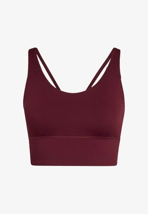 Bordeauxfarbener Sport-BH mit dünnen, überkreuzten Trägern, glattem, elastischem Stoff und einem breiten Saumband für Halt. Keine sichtbaren Verschlüsse oder Muster.