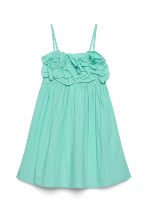 Vestito verde menta senza maniche con spalline sottili e dettaglio in tessuto floreale arricciato sul petto, che si allarga liberamente verso l'orlo.