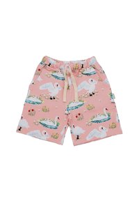 Pink shorts made of soft fabric featuring a swan pattern with foliage and water details. Elastic waistband with a drawstring.