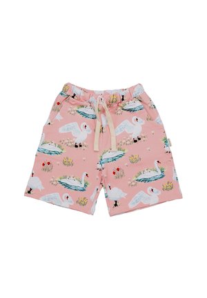 Pink shorts made of soft fabric featuring a swan pattern with foliage and water details. Elastic waistband with a drawstring.