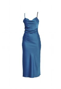 Sinine satiinist lühike kleit, millel on tihedalt istuv siluett, spagetiribadega õlapaelad ja sile, läikiv tekstuur, mis ulatub poolpika pikkuseni.