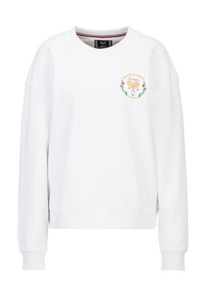 Weißes Sweatshirt mit langen Ärmeln, Rundhalsausschnitt und einem bestickten Tennis-Motiv mit Schlägern, Blumen und Text auf der oberen linken Seite.