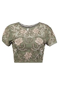 Korte mouw, olijfgroen crop top met bloemenborduurwerk in beige en pailletten, met een ronde halslijn en textielstructuur.