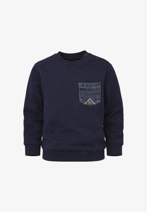 Felpa a maniche lunghe blu navy con polsini a costine, due bottoni sulla spalla e una piccola tasca sul petto in denim con etichetta.