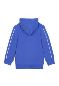 Felpa blu realizzata in tessuto misto cotone. Presenta un cappuccio, maniche lunghe e strisce bianche ai lati. Texture liscia, design casual e polsini a coste.