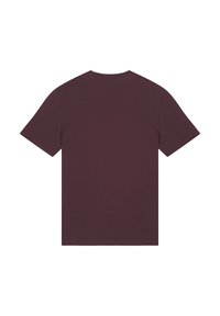 Bordeauxfarbiges T-Shirt aus weichem Baumwollstoff, mit Rundhalsausschnitt und kurzen Ärmeln, in einfarbigem Design ohne sichtbare Muster oder Akzente.