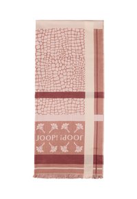 Serviette textile rectangulaire en rose doux avec un motif crocodile, bordée de rayures horizontales et de motifs floraux, finie avec des bords frangés.