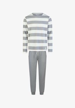 Graues und weiß gestreiftes Langarmshirt mit Rundhalsausschnitt, kombiniert mit grauen, zulaufenden Hosen mit elastischem Bund und zwei Seitentaschen.