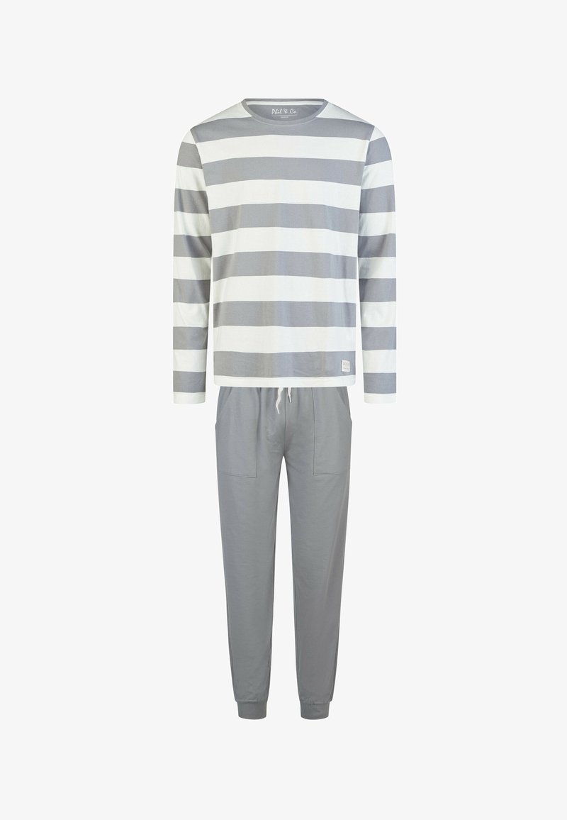 Szara i biała koszula w paski na długi rękaw z okrągłym dekoltem, zestawiona z szarymi, zwężanymi spodniami z elastycznym pasem i dwoma bocznymi kieszeniami.