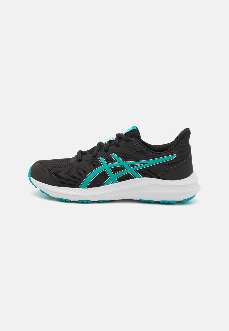 Black athletic shoes featuring a mesh upper, turquoise accents, and a white molded sole with textured tread for traction.