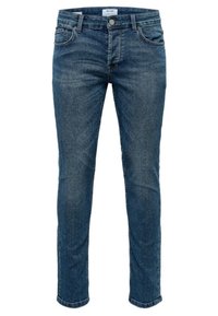 Tummansininen farkkutakki, jossa on slim fit -leikkaus. Sisältää viisi taskua, vyölenkit ja kuluneen näköisen pinnan edessä.